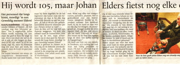 2008 Krantenknipsel Johan Elders wordt 105 jaar 2008