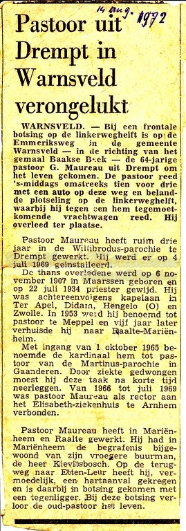 Pastoor Maureau verongelukt 1972