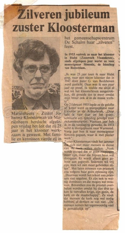 Krantenknipsel zuster Kloosterman 25 jaar klooster.jpg